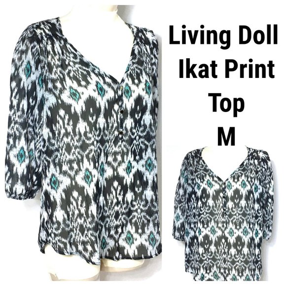 Ikat Abstract Print Living Doll Top Tunic Blouse Shirt Black Blue White M - Picture 1 of 9